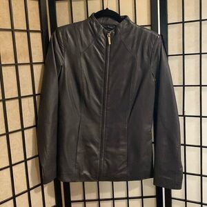 Neiman Marcus grey leather gold zipper jacket small